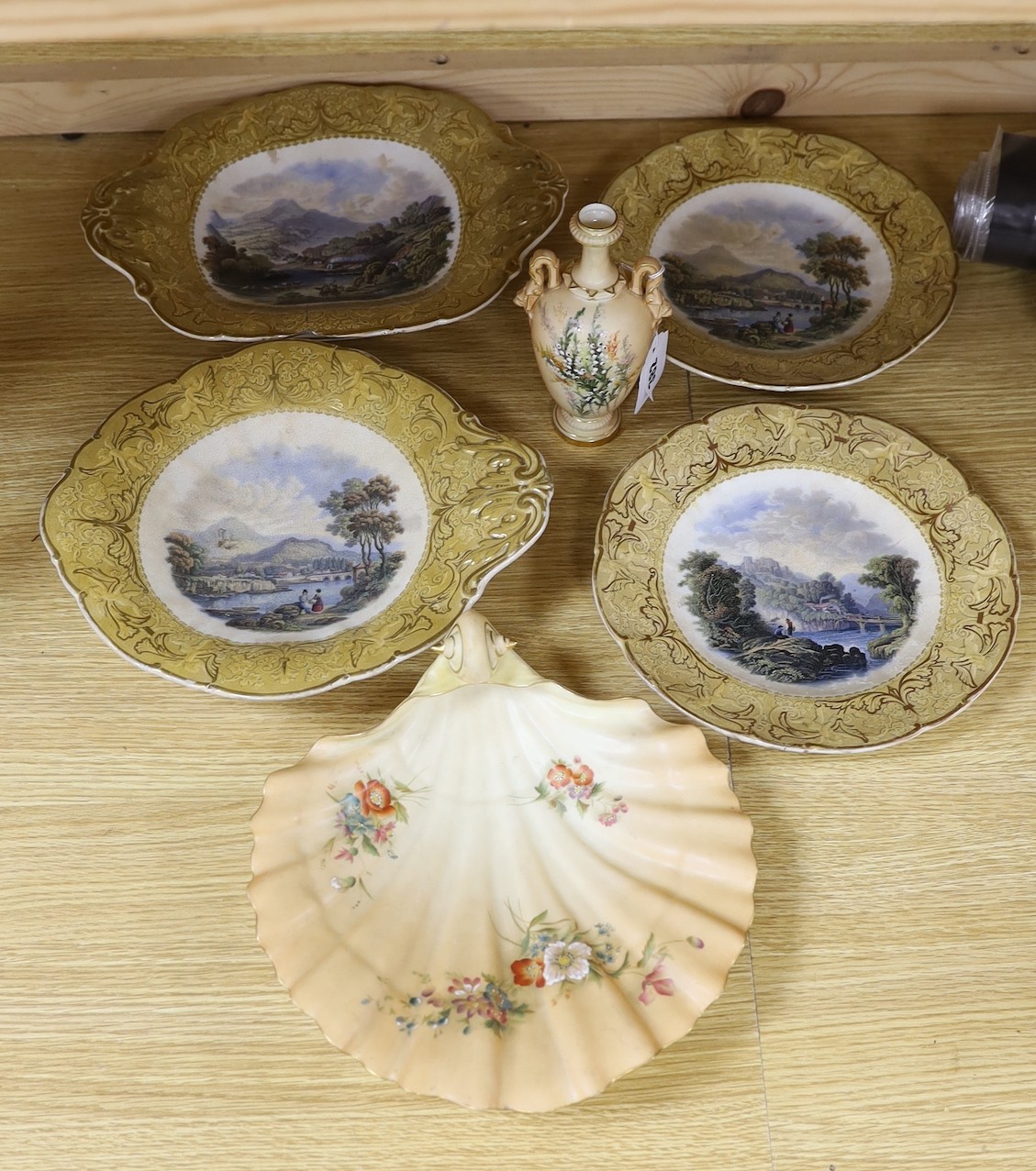 A Worcester blush ivory miniature vase, 16cm, and an F & R Pratt multicoloured four piece dessert set